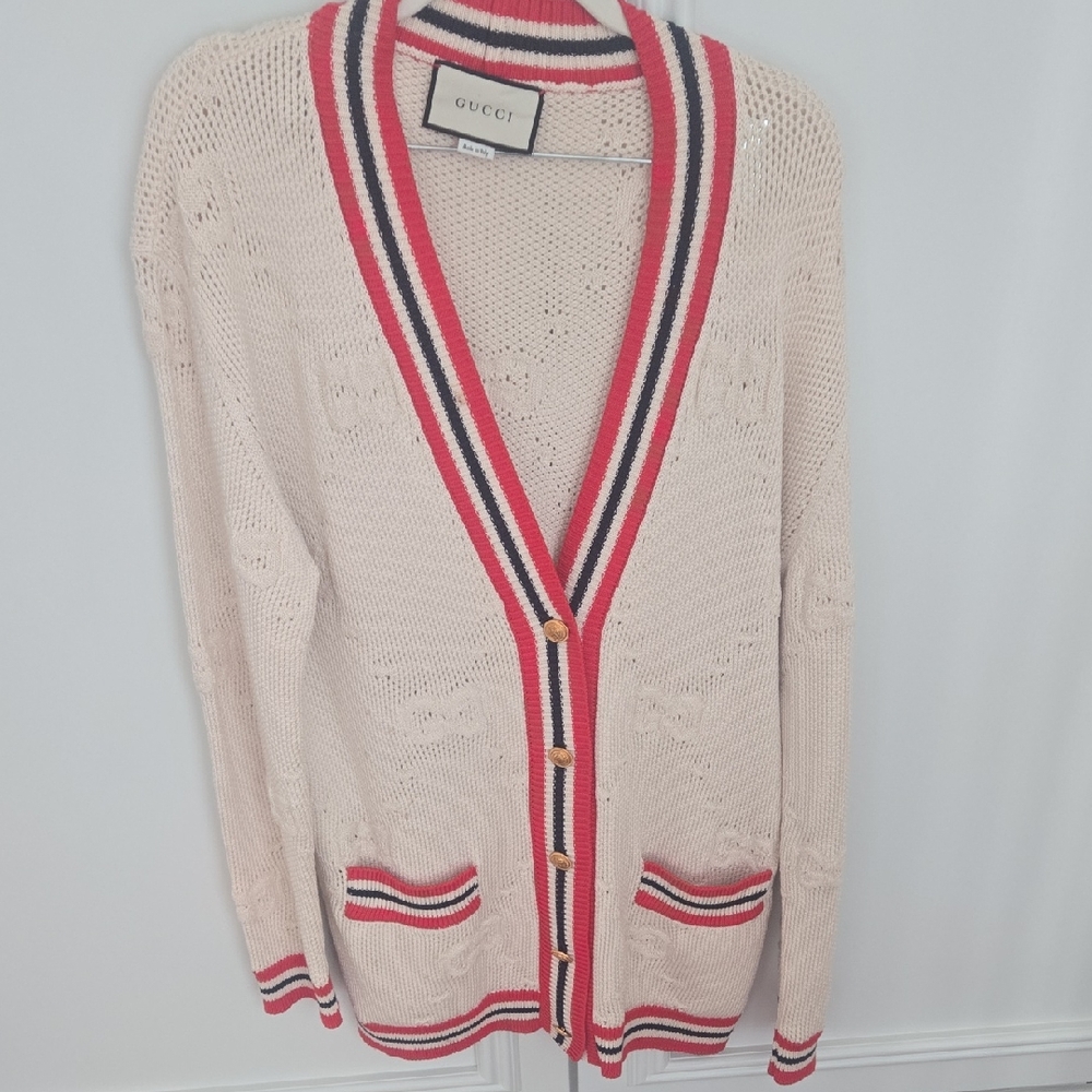 Gucci Cream Cardigan with Red and Navy Trim